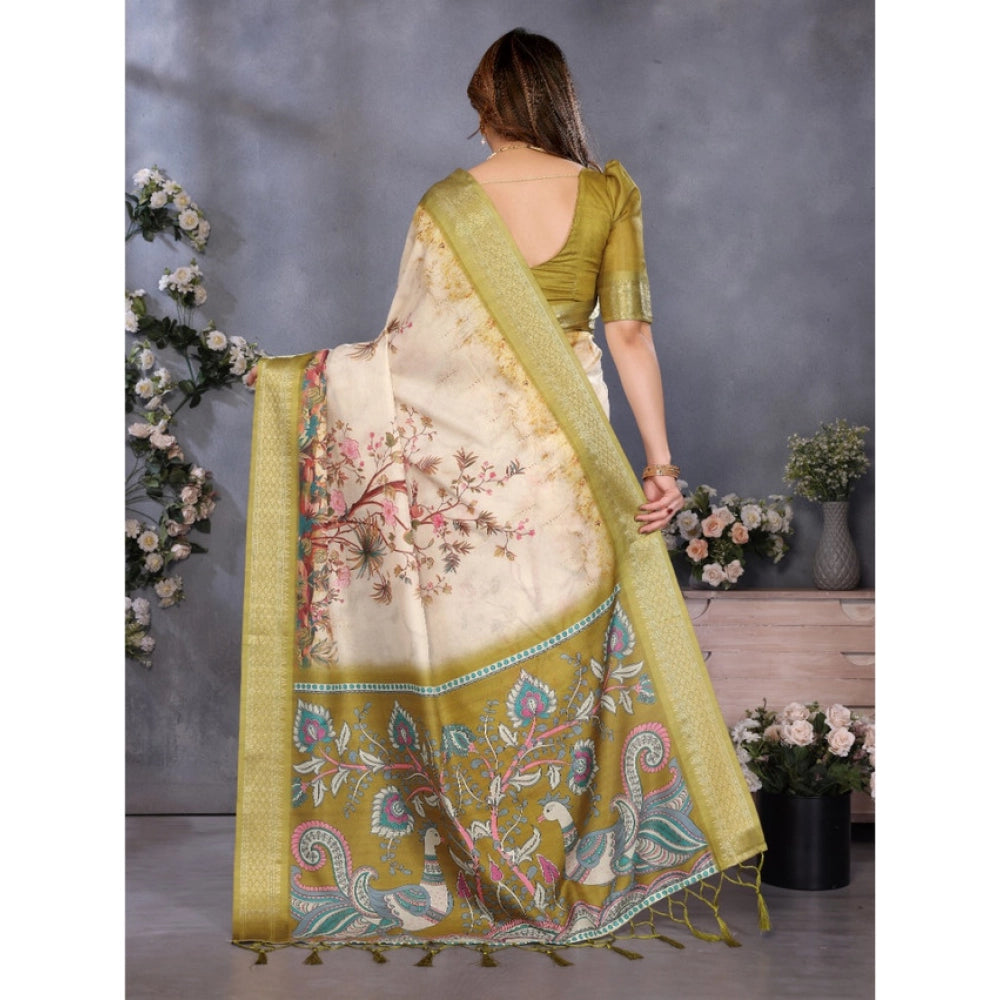 Generic Women's Cotton Silk  Printed Saree With Unstitched Blouse 5.5MtrÂ (Olive Green)
