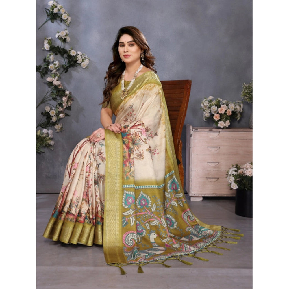 Generic Women's Cotton Silk  Printed Saree With Unstitched Blouse 5.5MtrÂ (Olive Green)