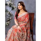 Generic Women's Linen Cotton  Printed Saree With Unstitched Blouse 5.5MtrÂ (OrangeÂ )