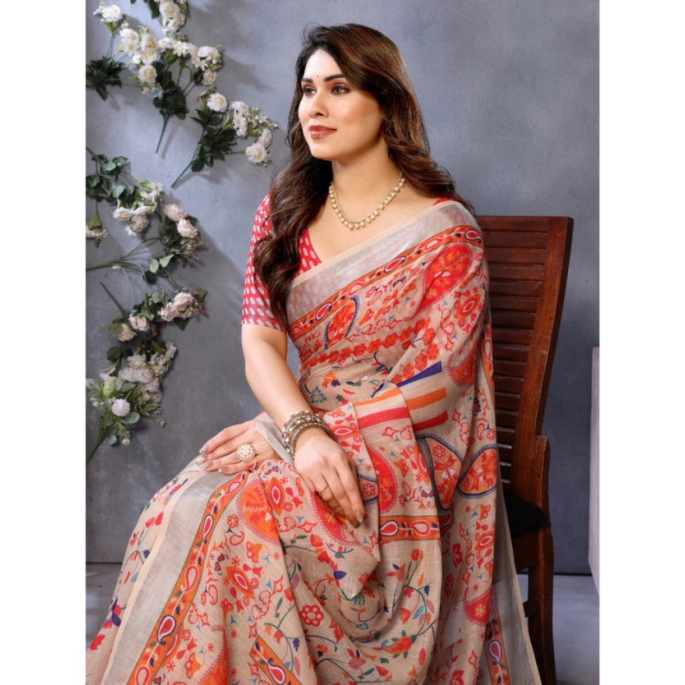 Generic Women's Linen Cotton  Printed Saree With Unstitched Blouse 5.5MtrÂ (OrangeÂ )