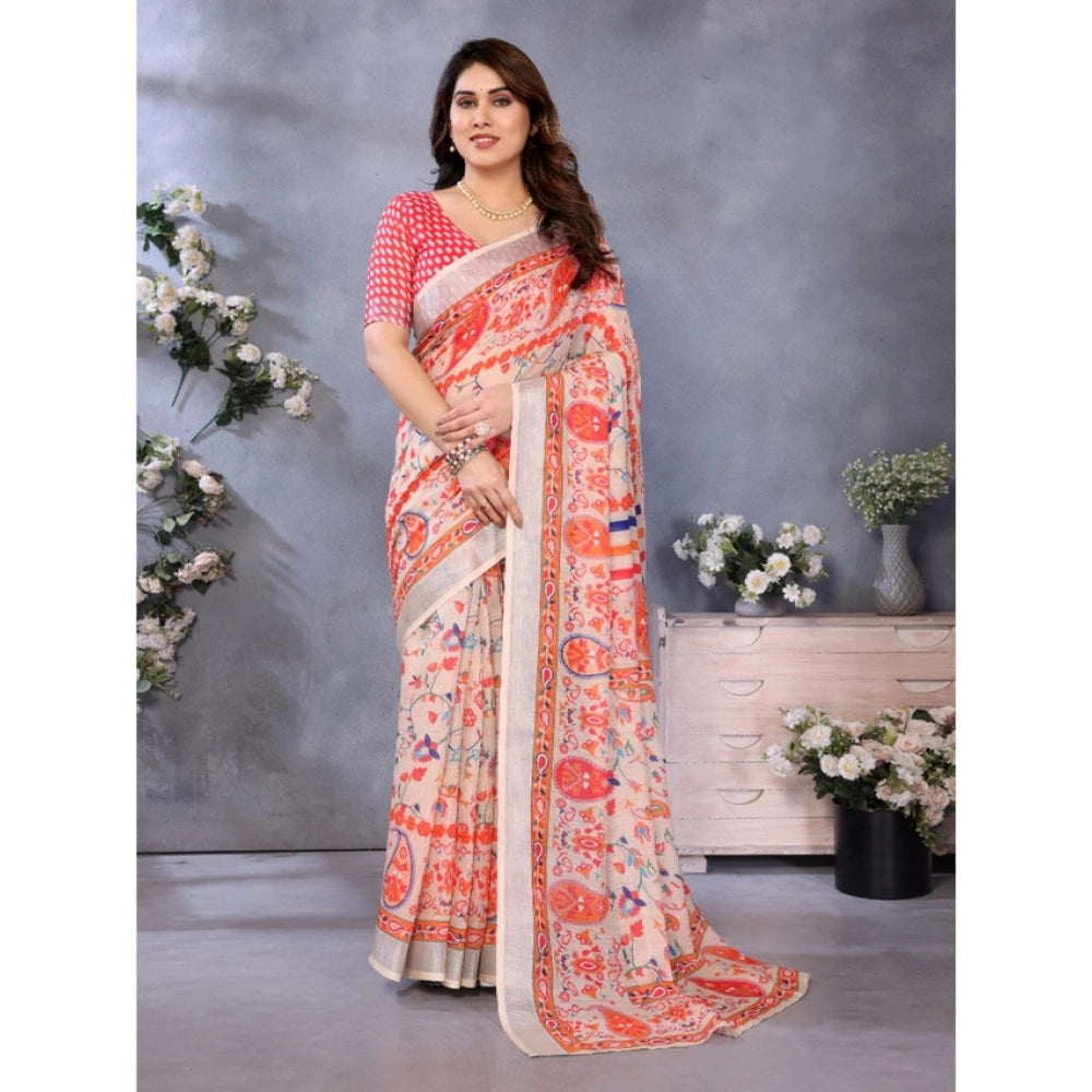 Generic Women's Linen Cotton  Printed Saree With Unstitched Blouse 5.5MtrÂ (OrangeÂ )