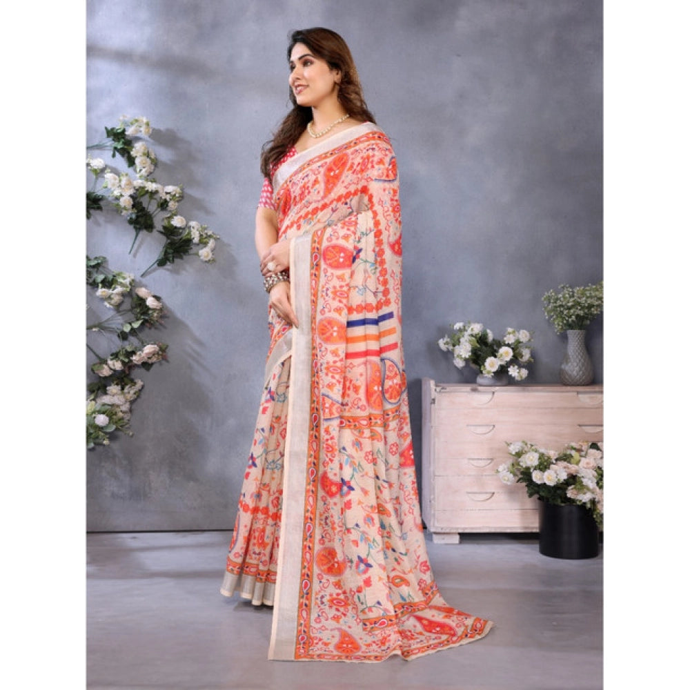 Generic Women's Linen Cotton  Printed Saree With Unstitched Blouse 5.5MtrÂ (OrangeÂ )