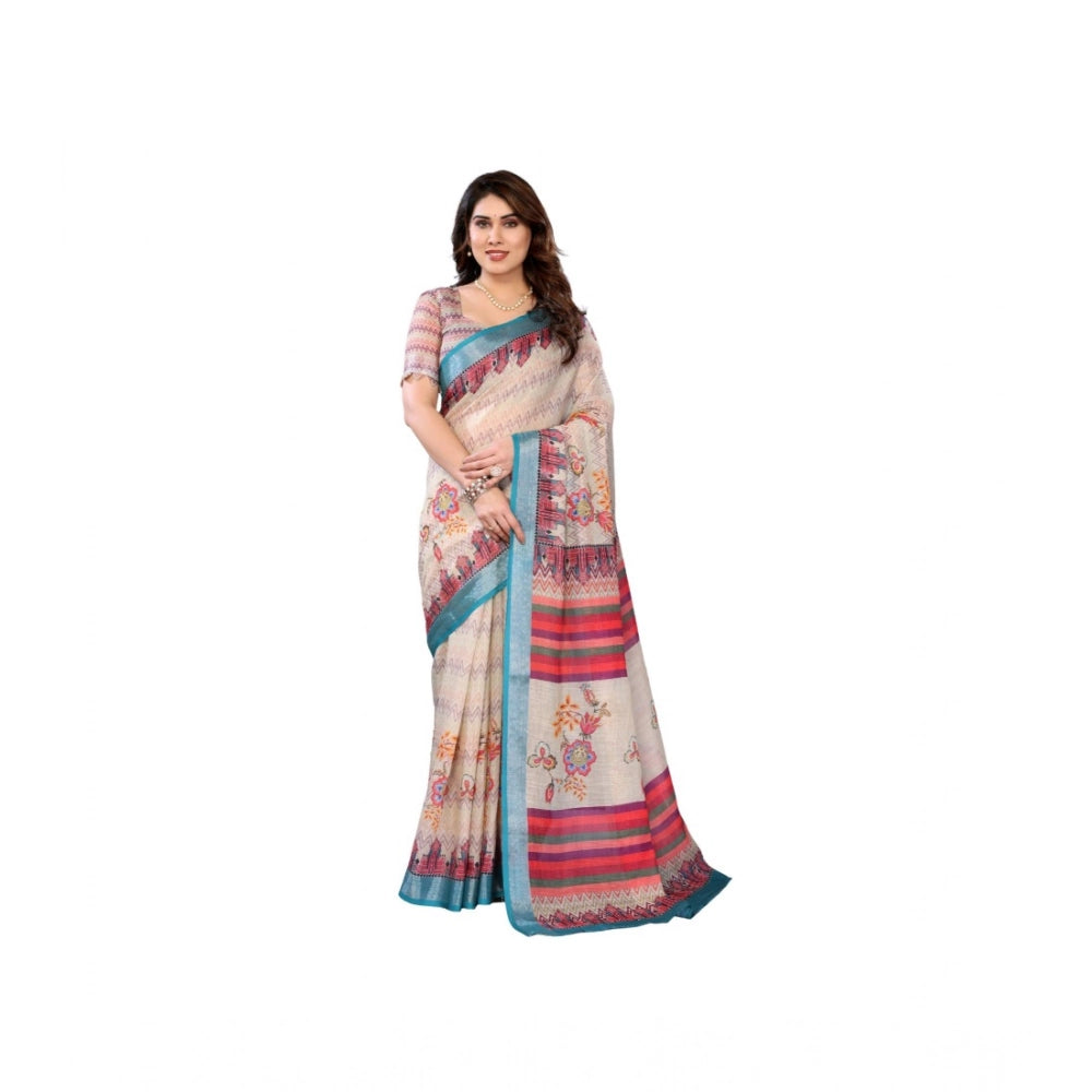 Generic Women's Linen Cotton  Printed Saree With Unstitched Blouse 5.5MtrÂ (Cream)
