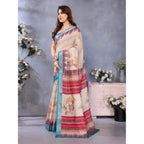 Generic Women's Linen Cotton  Printed Saree With Unstitched Blouse 5.5MtrÂ (Cream)