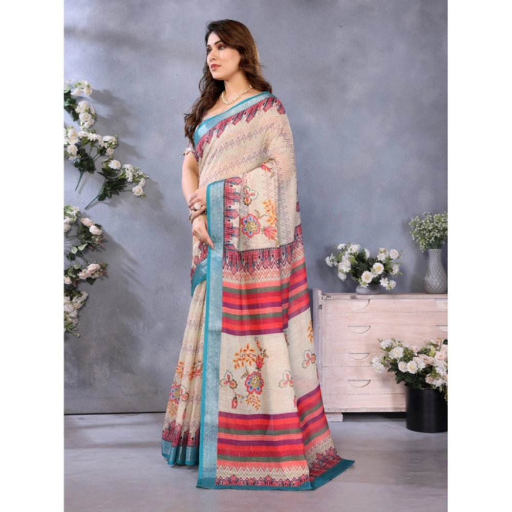 Generic Women's Linen Cotton  Printed Saree With Unstitched Blouse 5.5MtrÂ (Cream)