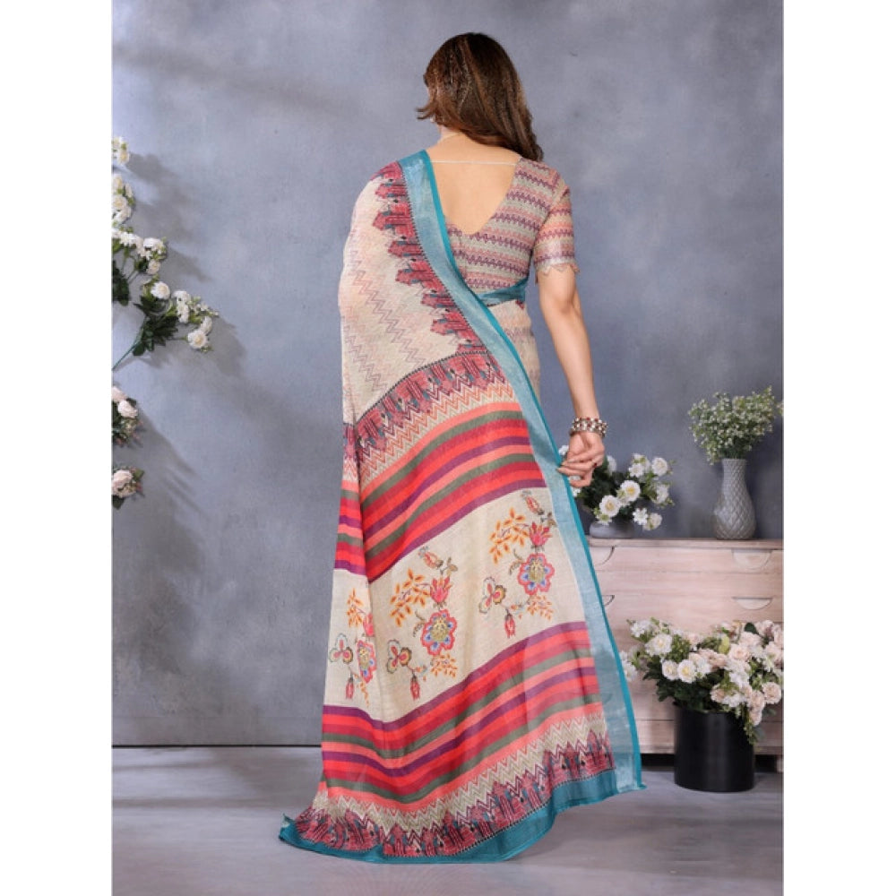 Generic Women's Linen Cotton  Printed Saree With Unstitched Blouse 5.5MtrÂ (Cream)