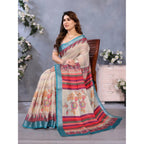 Generic Women's Linen Cotton  Printed Saree With Unstitched Blouse 5.5MtrÂ (Cream)