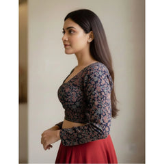 जेनरिक महिलाओं का अजराख कॉटन प्रिंटेड वी-नेक पैडेड ब्लाउज (नेवी रंग, साइज 38, रेडी (सेल्फ ऑल्टरेबल साइज 36-40))