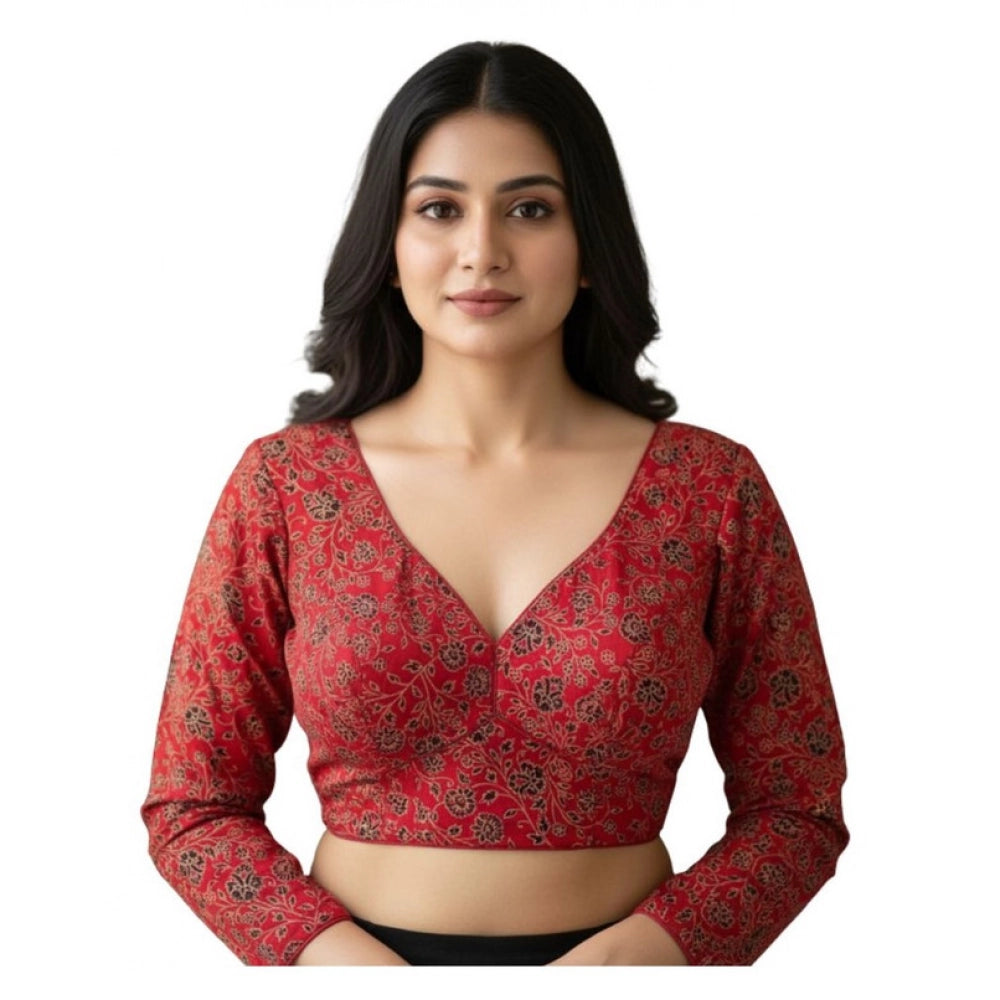 Generic Women's Ajrakh Cotton Printed V-Neck Padded Blouse (Red 38 Ready (Self Alterable 36â€“40)
