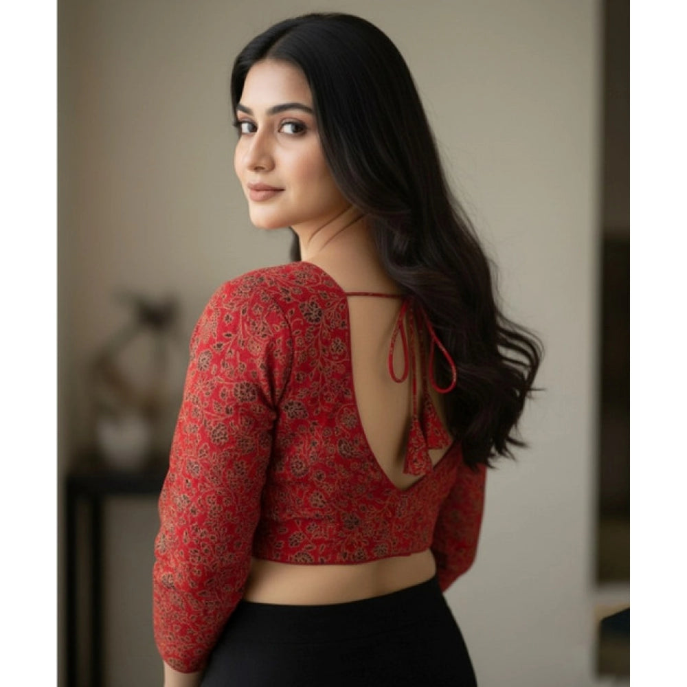 Generic Women's Ajrakh Cotton Printed V-Neck Padded Blouse (Red 38 Ready (Self Alterable 36â€“40)