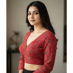 Generic Women's Ajrakh Cotton Printed V-Neck Padded Blouse (Red 38 Ready (Self Alterable 36â€“40)
