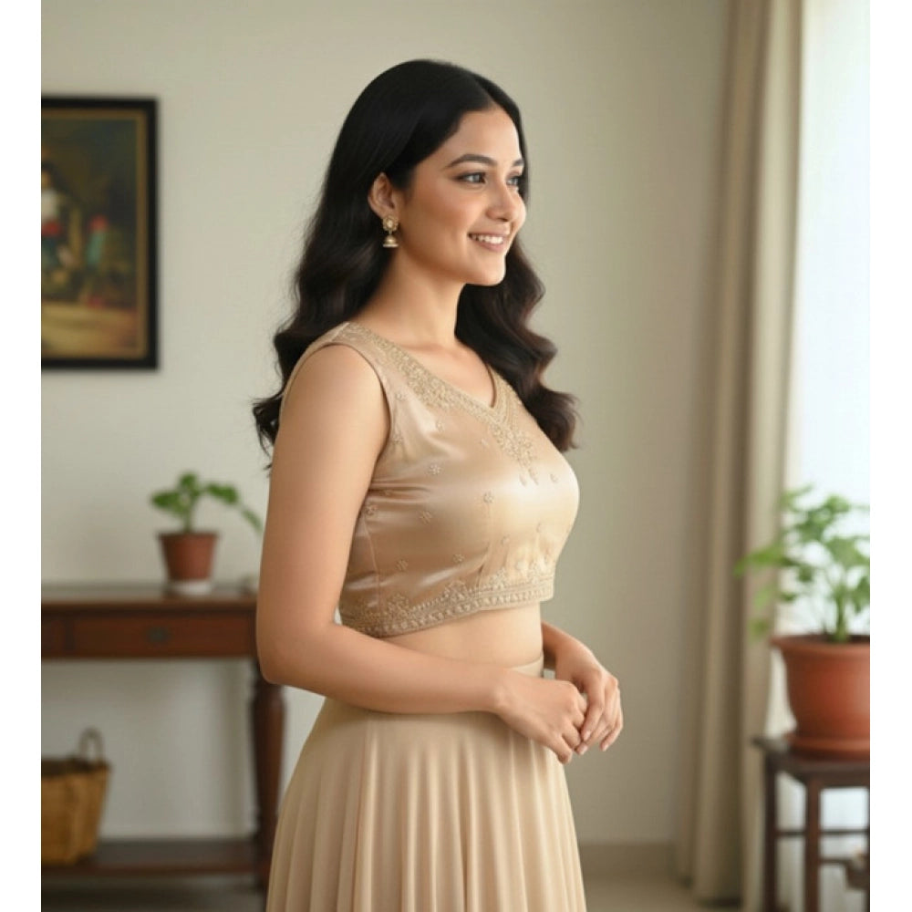 जेनरिक विमेंस ज़िम्मी चू एम्ब्रॉयडर्ड वी-नेक पैडेड ब्लाउज़ (बेज रंग, साइज़ 38, रेडी (सेल्फ ऑल्टरेबल साइज़ 36–40))