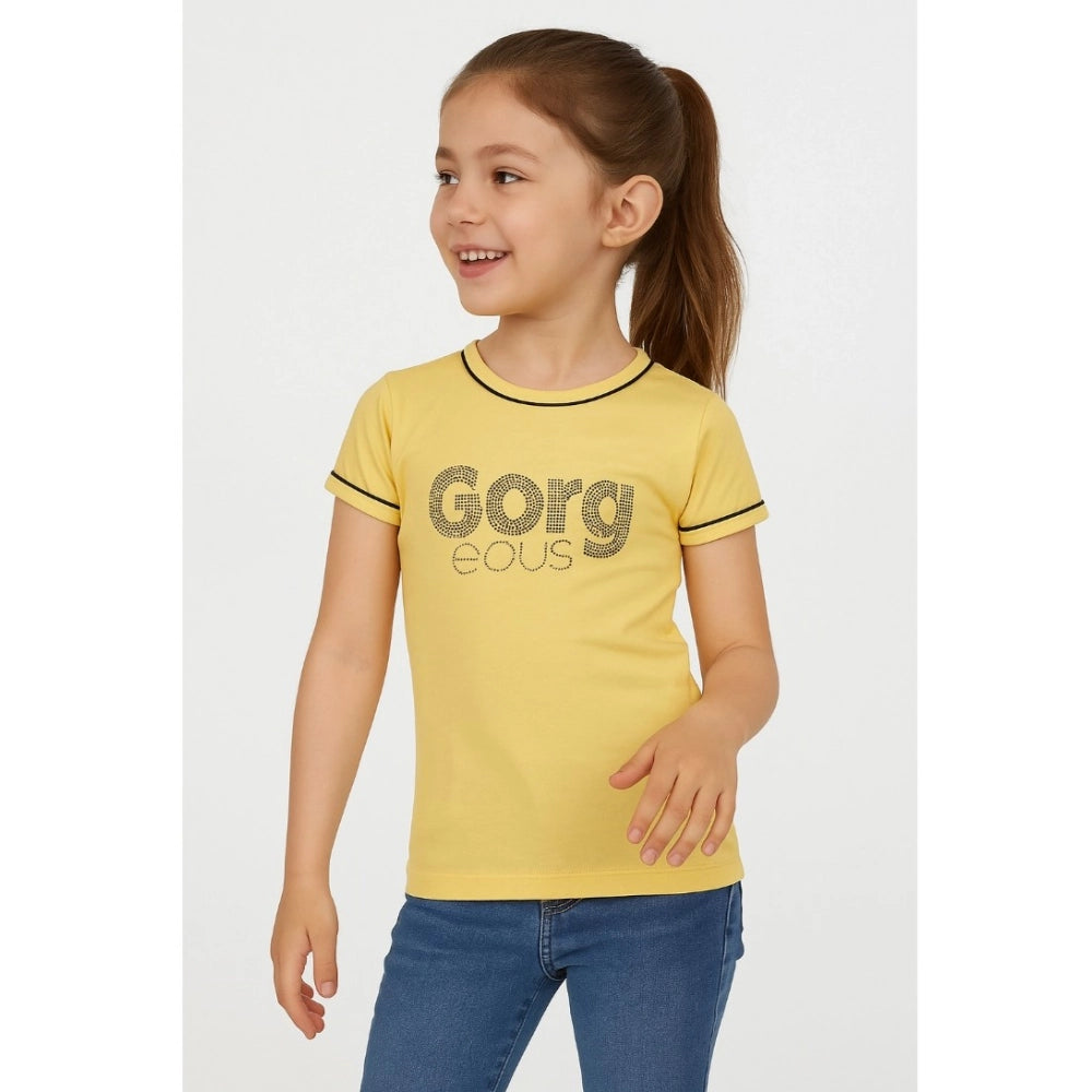 Generic Girl's Cotton Printeded Round Neck T-Shirt (Yellow)