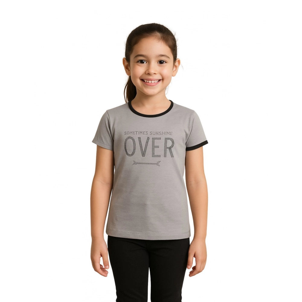 Generic Girl's Cotton Printeded Round Neck T-Shirt (Grey)