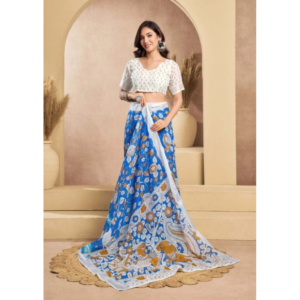 Generic Women's Faux_Linen Printed Ready-to-Wear Saree With Unstitched Blouse 5.5 Mtr (Blue)