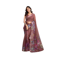 Generic Women's Faux_Linen Printed Ready-to-Wear Saree With Unstitched Blouse 5.5 Mtr (Brown)