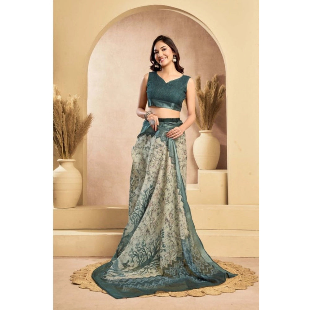 Generic Women's Faux_Linen Printed Ready-to-Wear Saree With Unstitched Blouse 5.5 Mtr (Light_Grey)