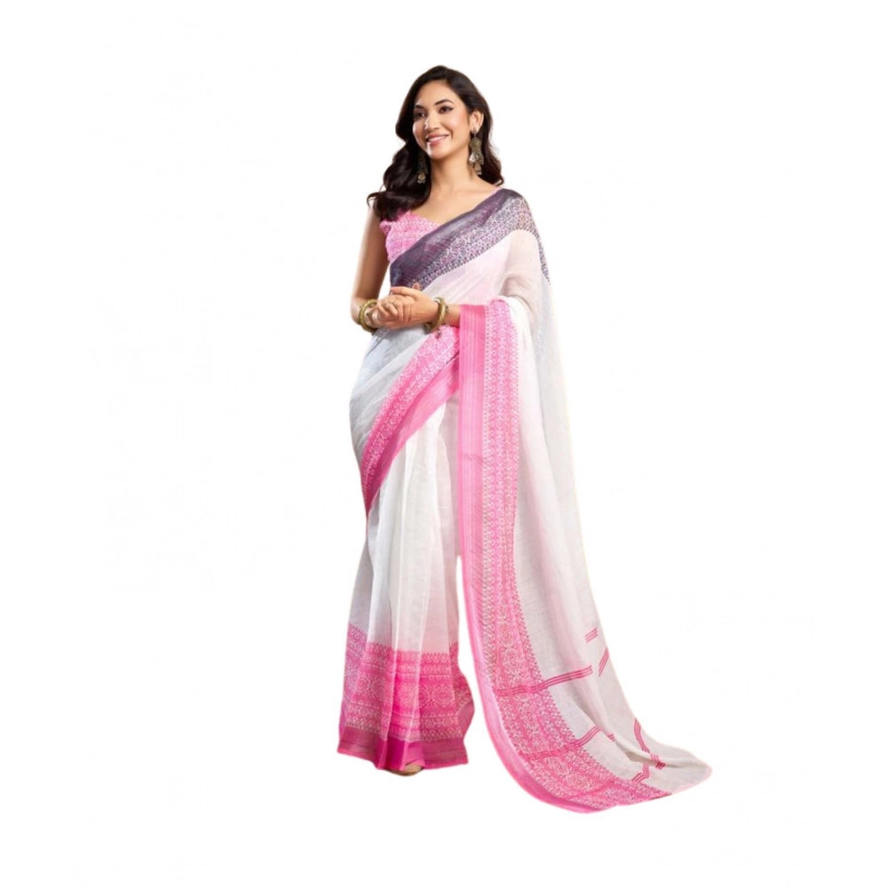 Generic Women's Faux_Linen Printed Ready-to-Wear Saree With Unstitched Blouse 5.5 Mtr (Off_White)