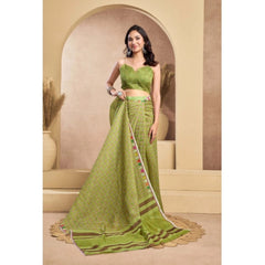 Generic Women's Faux_Linen Printed Ready-to-Wear Saree With Unstitched Blouse 5.5 Mtr (Olive)