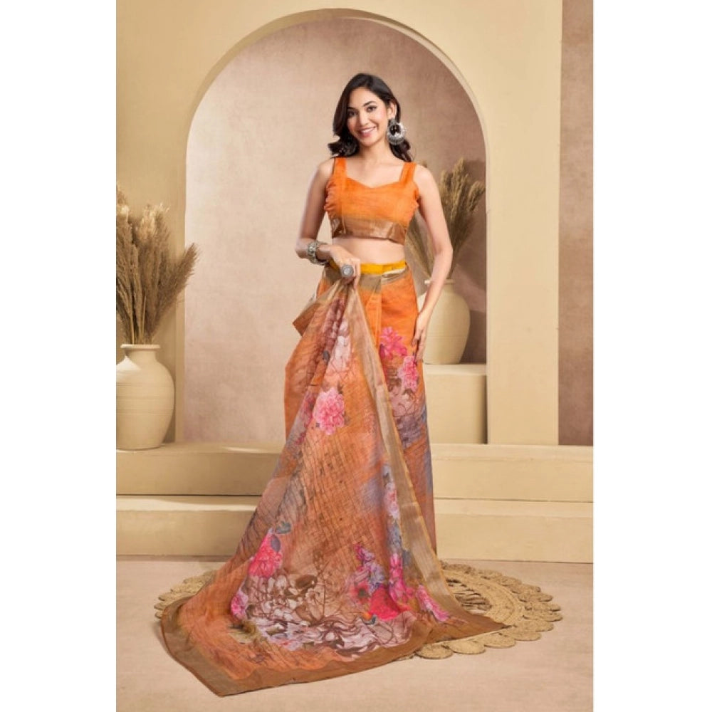 Generic Women's Faux_Linen Printed Ready-to-Wear Saree With Unstitched Blouse 5.5 Mtr (Orange)