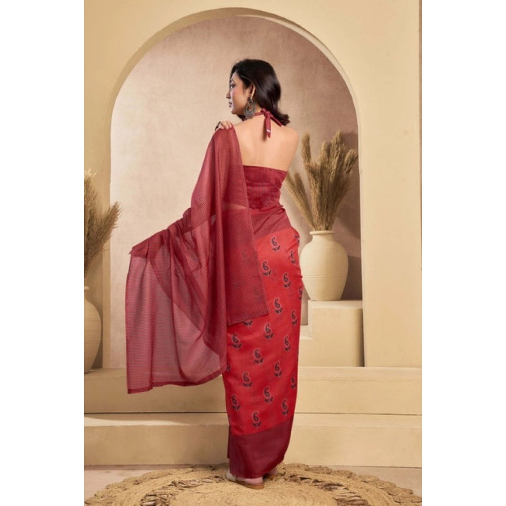 Generic Women's Faux_Linen Printed Ready-to-Wear Saree With Unstitched Blouse 5.5 Mtr (Red)