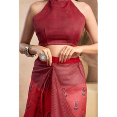 Generic Women's Faux_Linen Printed Ready-to-Wear Saree With Unstitched Blouse 5.5 Mtr (Red)