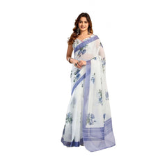 Generic Women's Faux_Linen Printed Ready-to-Wear Saree With Unstitched Blouse 5.5 Mtr (White)