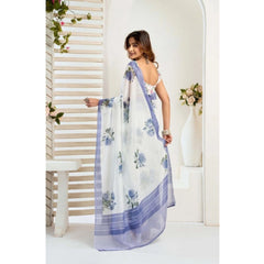 Generic Women's Faux_Linen Printed Ready-to-Wear Saree With Unstitched Blouse 5.5 Mtr (White)