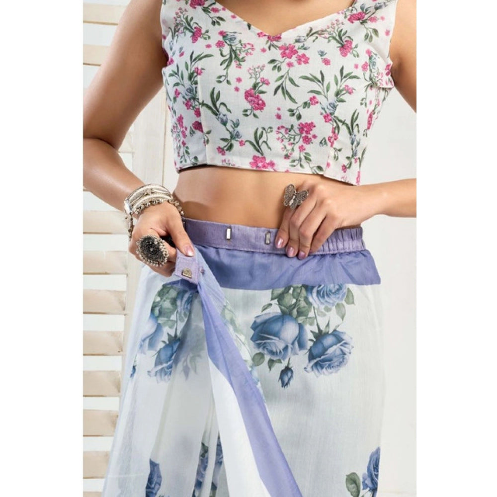 Generic Women's Faux_Linen Printed Ready-to-Wear Saree With Unstitched Blouse 5.5 Mtr (White)