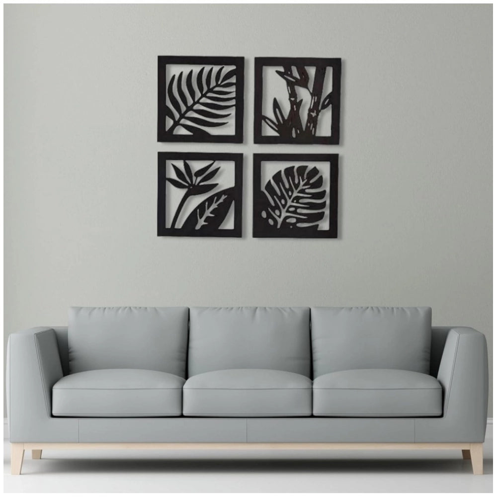 Generic 7 Decore Wooden 4 Pieces Square Tree Leaf Wall Art Panel Frame â€“ Black (Big Size)