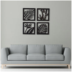 Generic 7 Decore Wooden 4 Pieces Square Tree Leaf Wall Art Panel Frame â€“ Black (Big Size)