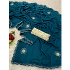 Generic Women's Chiffon Butti Dotted Saree With Unstitched Blouse 5.5Mtr (Blue)