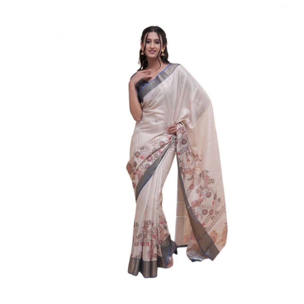 Generic Women's Polyester Printed Saree With Unstitched Blouse 5.5 MtrÂ (Off-White)