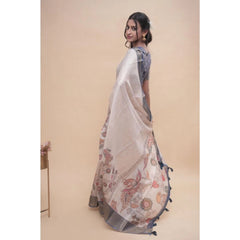 Generic Women's Polyester Printed Saree With Unstitched Blouse 5.5 MtrÂ (Off-White)