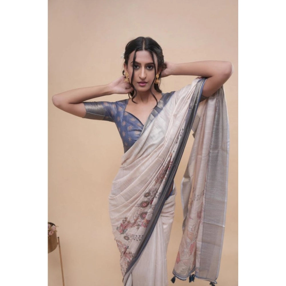 Generic Women's Polyester Printed Saree With Unstitched Blouse 5.5 MtrÂ (Off-White)