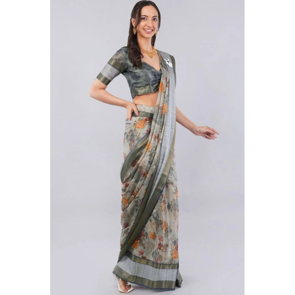Generic Women's Polyester Printed Ready To Wear Saree With Unstitched Blouse 5.5 MtrÂ (Light Grey)