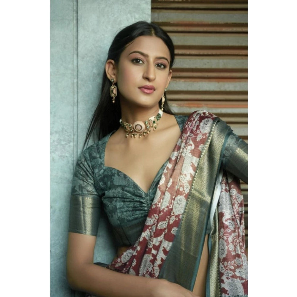 Generic Women's Polyester Printed Saree With Unstitched Blouse 5.5 MtrÂ (Maroon)