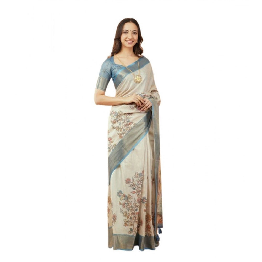 Generic Women's Polyester Printed Saree With Unstitched Blouse 5.5 MtrÂ (Cream)