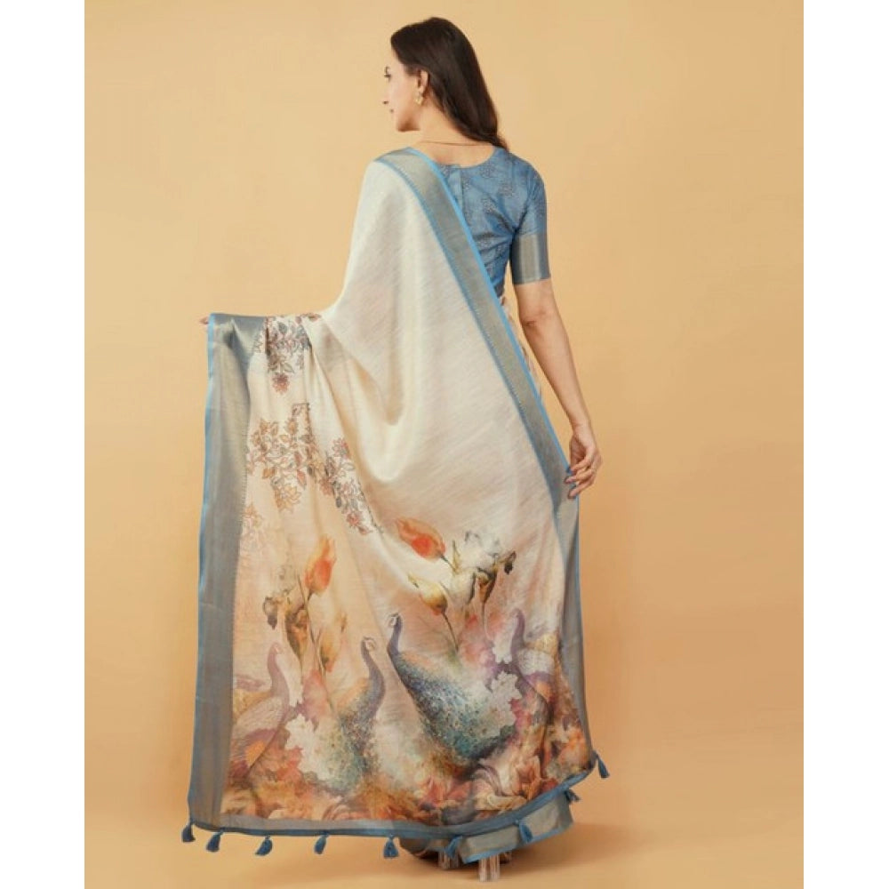 Generic Women's Polyester Printed Saree With Unstitched Blouse 5.5 MtrÂ (Cream)