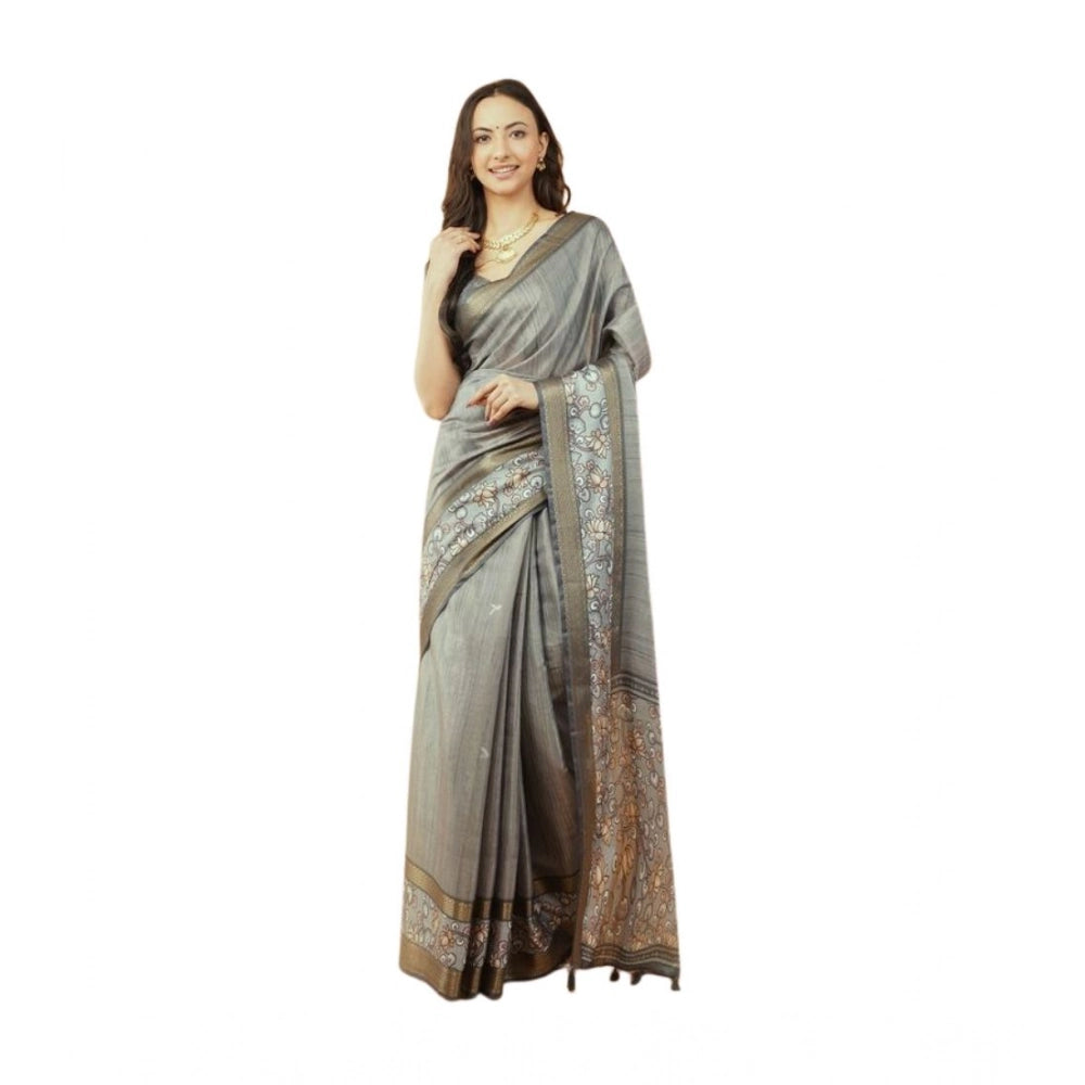 Generic Women's Polyester Printed Saree With Unstitched Blouse 5.5 MtrÂ (Grey)