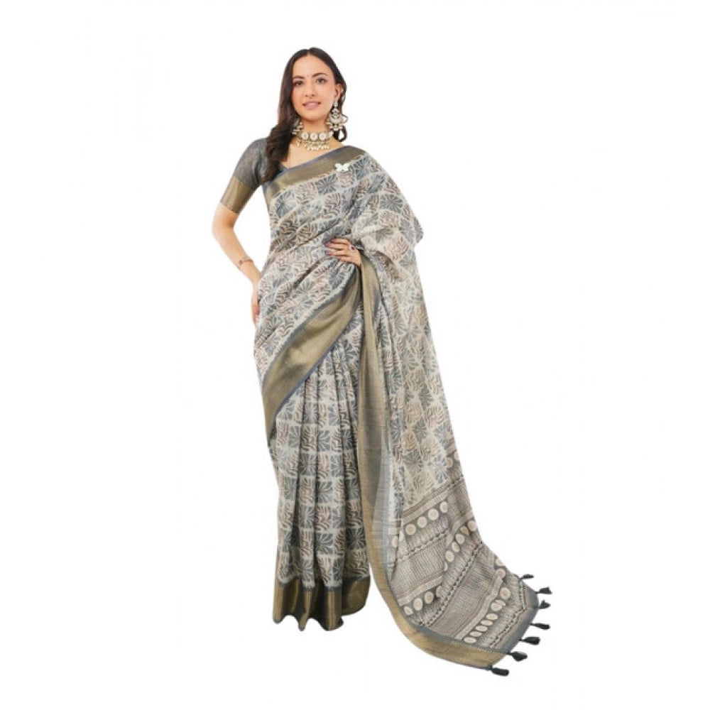 Generic Women's Polyester Printed Saree With Unstitched Blouse 5.5 MtrÂ (Grey)