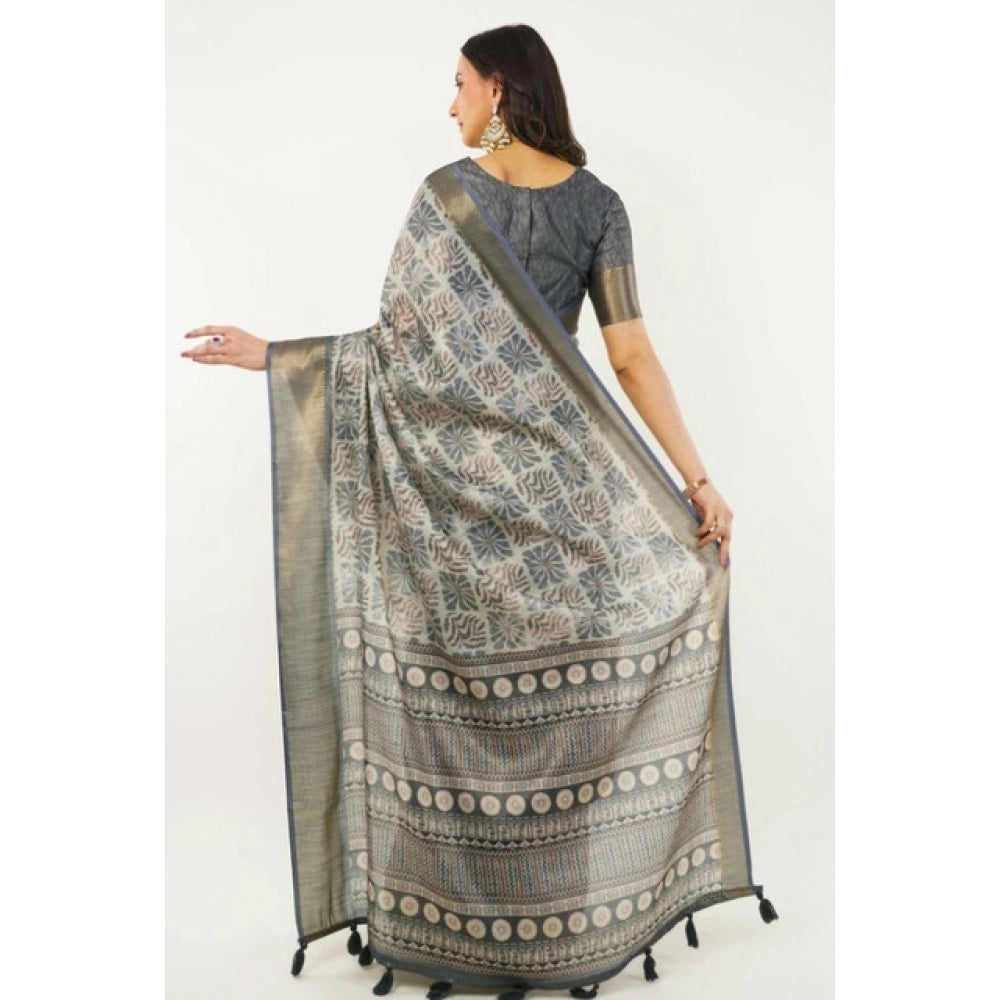 Generic Women's Polyester Printed Saree With Unstitched Blouse 5.5 MtrÂ (Grey)