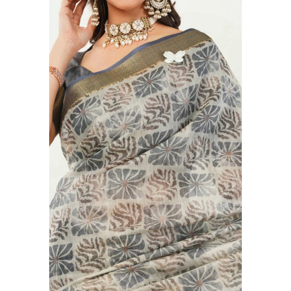 Generic Women's Polyester Printed Saree With Unstitched Blouse 5.5 MtrÂ (Grey)