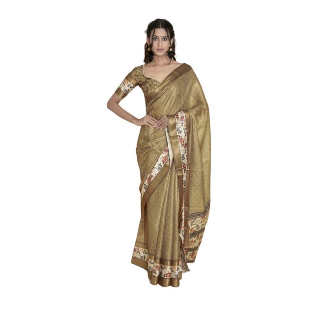 Generic Women's Polyester Printed Saree With Unstitched Blouse 5.5 MtrÂ (Gold)