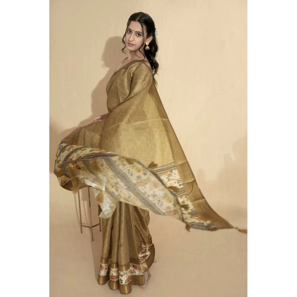 Generic Women's Polyester Printed Saree With Unstitched Blouse 5.5 MtrÂ (Gold)