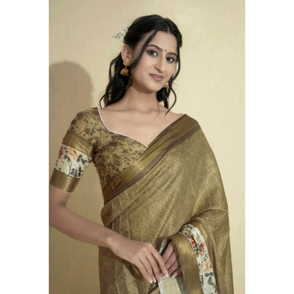 Generic Women's Polyester Printed Saree With Unstitched Blouse 5.5 MtrÂ (Gold)