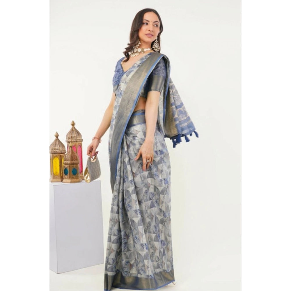 Generic Women's Polyester Printed Saree With Unstitched Blouse 5.5 MtrÂ (Grey)