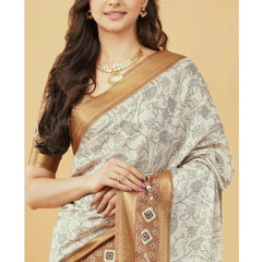 Generic Women's Polyester Printed Saree With Unstitched Blouse 5.5 MtrÂ (Off-White)