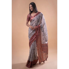 Generic Women's Polyester Printed Saree With Unstitched Blouse 5.5 MtrÂ (Off-White)
