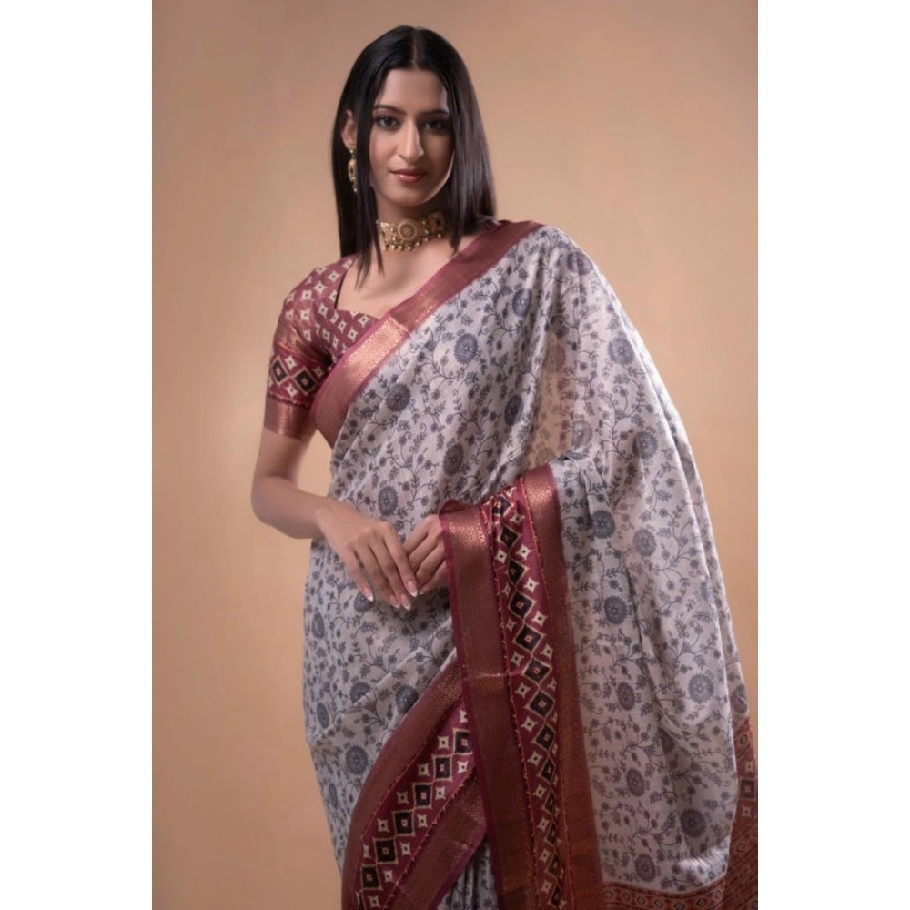 Generic Women's Polyester Printed Saree With Unstitched Blouse 5.5 MtrÂ (Off-White)